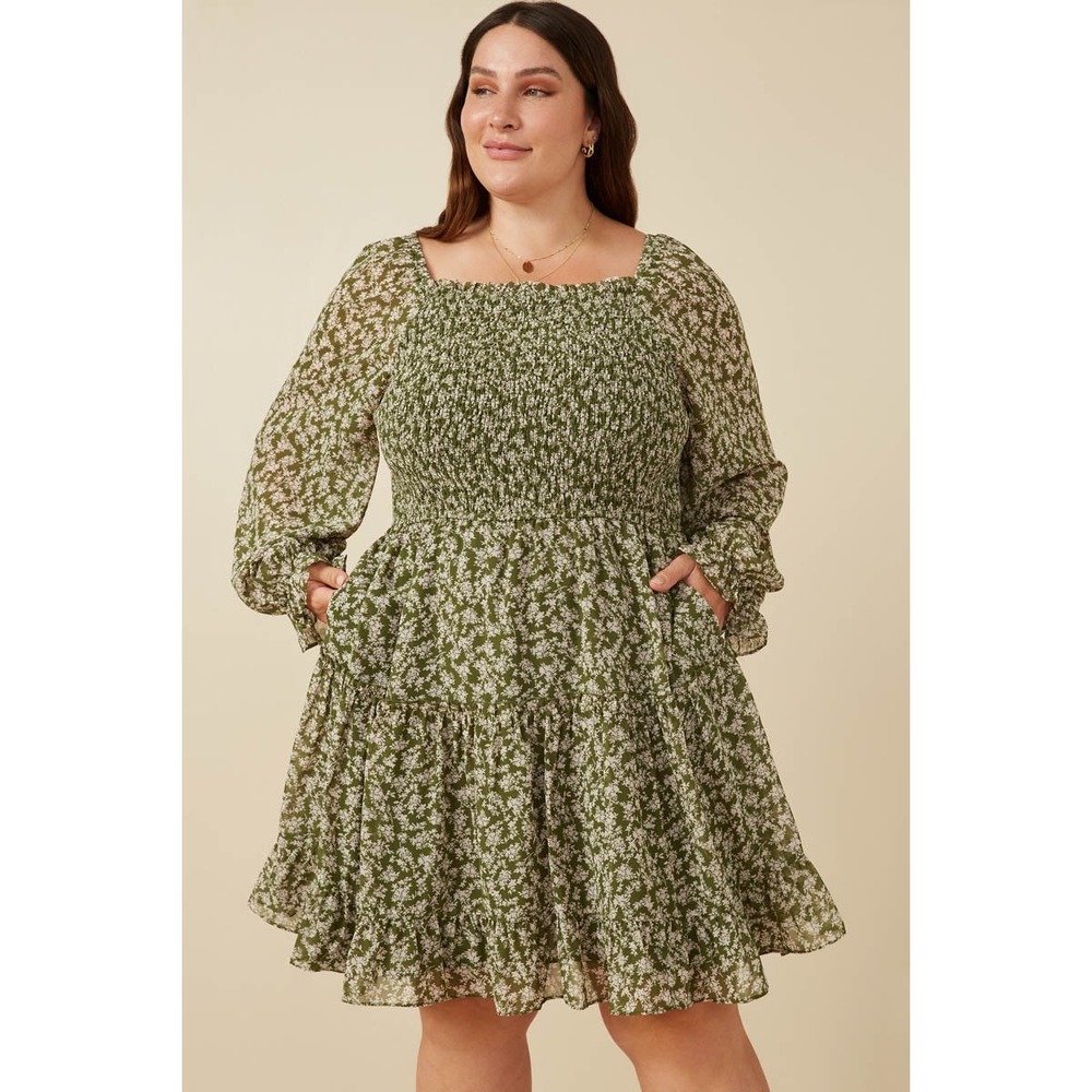 Hayden LA Smocked Floral Mini Dress Green Plus 1XL Square‎ Neck Boho Cottagecore